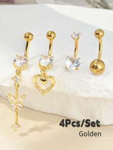 4 Soft Ceramic Full Diamond Navel Rings, Horizontal Bars, Simple Navel Rings, Stainless Steel Navel Buckles, Women's Abdominal Navel Nails, Human Puncture Accessories Suitable For Daily Life Wear