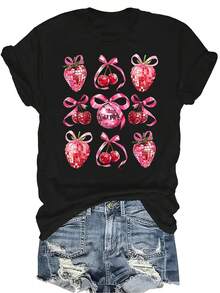 9 camisetas de mujer de manga corta con estampado de bolas de fresa rosa, de cuello redondo, transpirables, de estilo casual y versátil, adecuadas para adolescentes y adultos - Negro - Ver 1