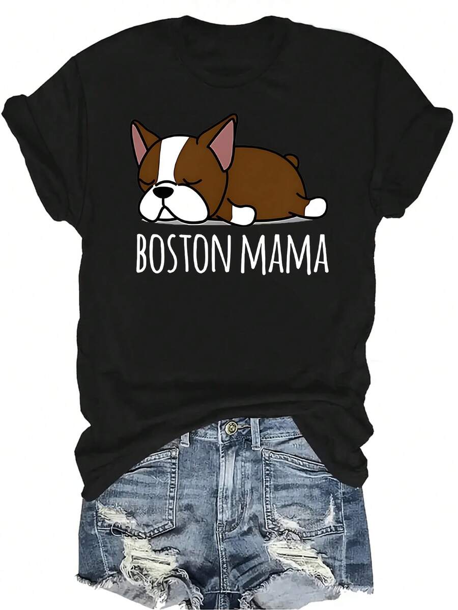 Camiseta de mujer unisex para amantes de perros Boston Terrier rojos, de estilo casual y transpirable, con cuello redondo y manga corta, adecuada para adolescentes y adultos - Negro - Ver 1