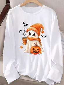 Thanksgiving Pumpkin Graphic Tees,Daily Fall Clothes For Women  Casual Comfortable Printed Long-Sleeved T-Shirts, Fall Outfits Going Out Tops Women Halloween Clothes,Fun And Cute Ghost Print,For Home Or Outdoor