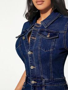 2025 New Women's Retro Washed Blue Denim Dress, Single-Breasted Front Slit With Pocket Hip Dress, Machine Washable, Fashionable And Versatile Slim Fit - Màu xanh lam - Xem 7