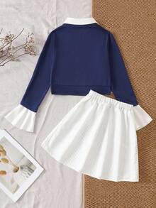 Cute Girls' Navy And White 2 - Piece Outfit, V - Neck Top With Ruffled Cuffs, White Pleated Skirt, Perfect For School Events And Outings