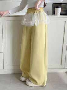 Calça de Moletom Reta Casual Folgada com Bordado Menina & Meninas, Confortável para Verão, Primavera e Outono - Amarelo - Visão 2