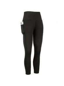 With Pockets - Stretch Four Seasons Sports Compression Leggings - Women's High Waist Yoga Pants, Solid Color Polyester Knitted Fabric, Sports Style, High Stretch Adult Running Leggings - 黑色 - 查看 15