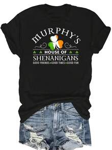 Camiseta del Día de San Patricio de Murphy's House Of Shenanigans para mujer y unisex, de verano, casual, transpirable, de personalidad, de cuello redondo, de manga corta, de streetwear, versátil, adecuada para adolescentes y adultos - Negro - Ver 1