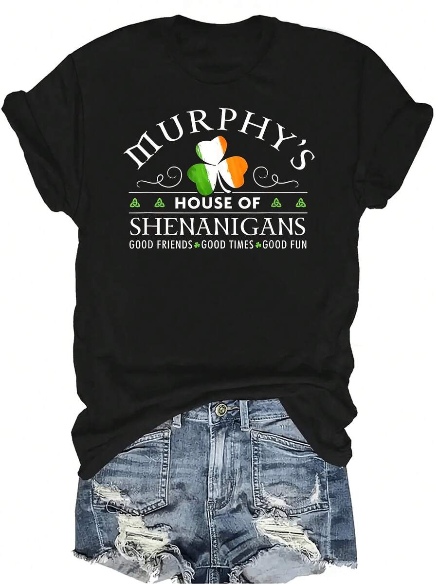 Camiseta del Día de San Patricio de Murphy's House Of Shenanigans para mujer y unisex, de verano, casual, transpirable, de personalidad, de cuello redondo, de manga corta, de streetwear, versátil, adecuada para adolescentes y adultos - Negro - Ver 1