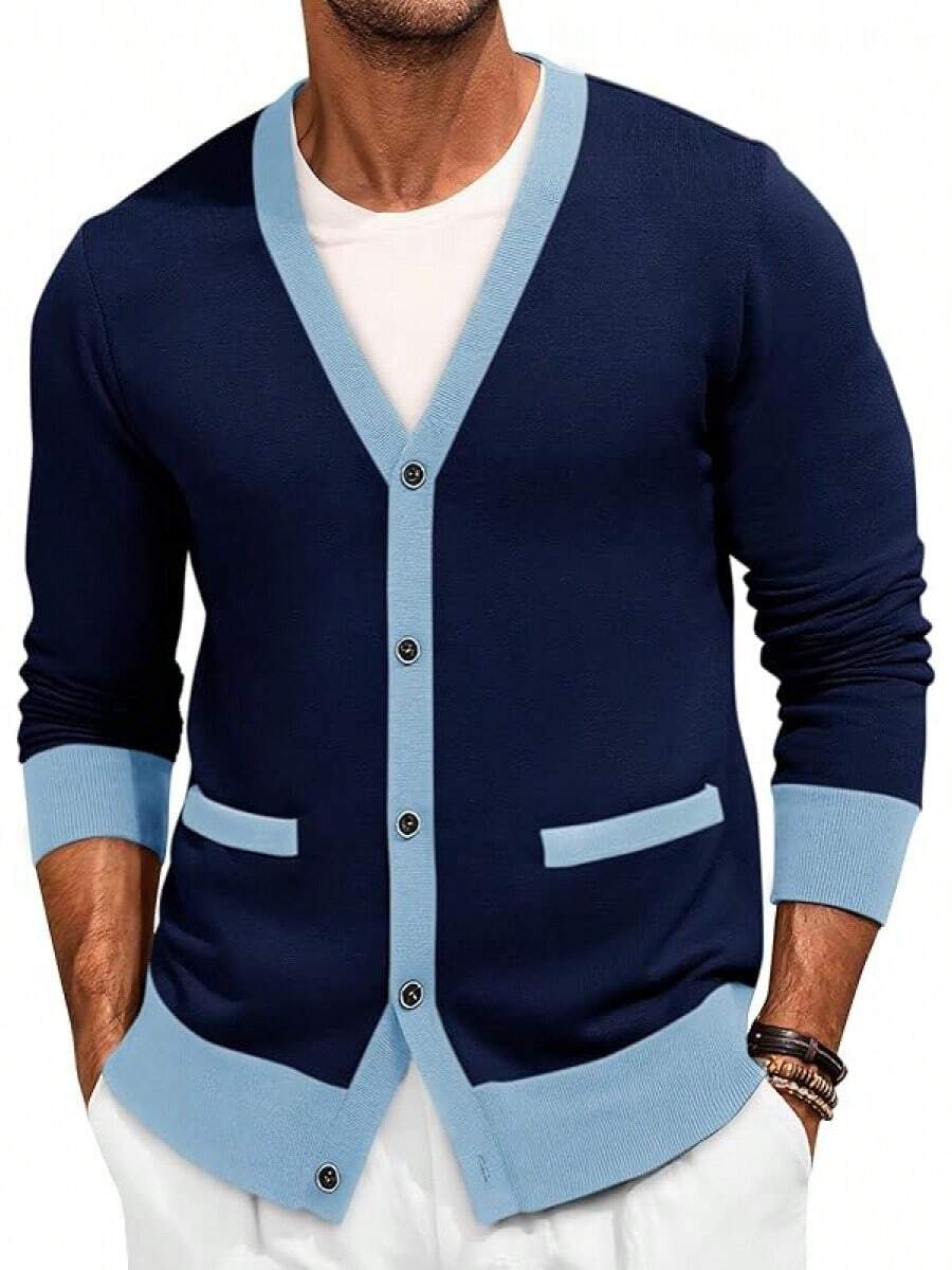 Men's Long Sleeve Button Down Knitted Cardigan Sweater With Pockets, Casual Style - 海軍 - 查看 1