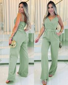 Women's Long Jumpsuit Tailored Pantaloons With Belt - 薄荷綠 - 查看 1