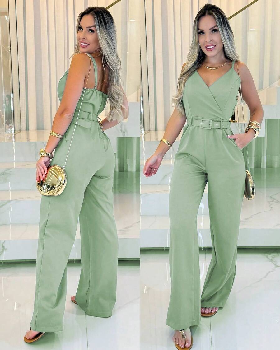 Women's Long Jumpsuit Tailored Pantaloons With Belt - 薄荷綠 - 查看 1