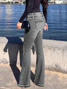 Women's Low-Rise Flared Jeans Stretch Trousers Double-Button Fly Butt-Lifting Pockets Sexy Y2K Retro Style Date Outfit - Grey - View 5