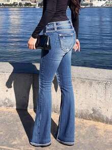 Women's Low-Rise Flared Jeans Stretch Trousers Double-Button Fly Butt-Lifting Pockets Sexy Y2K Retro Style Date Outfit - Medium Wash - View 5