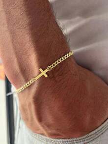1pc Minimalist Cross Pendant Stainless Steel Chain Bracelet, For Men Daily Wear & Gift