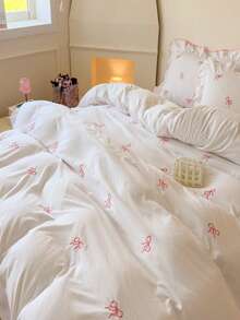 3pcs Ruffled Embroidered Bowknot Duvet Cover Set, Extra Large Size, Soft Fabric, With Zipper & Tie, Suitable For Girls Bedroom Decor, Breathable & Easy Care - White - View 3