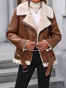 女式仿羊毛夹克厚衬里派克大衣冬季保暖外套仿皮夹克 - 棕色 - 查看 3