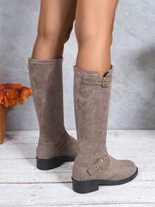 复古优雅时尚一脚蹬中跟及膝靴，新款秋冬女式棕色弹力绒面柔软中筒皮靴女式黑色休闲舒适扣环过膝靴 - 深灰色 - 查看 6