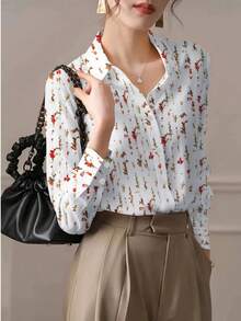 Vintage Ditsy Floral Collared Shirt Women, Versatile All-Match Long Sleeve Top, Office Date Casual Wear - Red - View 4