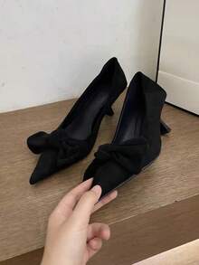 2025年秋季新款韩版小众蝴蝶结尖头细跟时尚优雅女式高跟鞋，猫跟鞋 - 黑色 - 查看 4