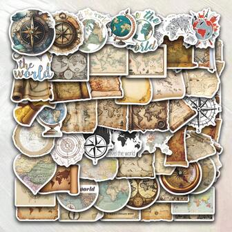 56pcs Vintage World Map Travel Stickers – Waterproof Vinyl, Suitable For Suitcases, Notebooks, Laptops, Flasks, Etc. – Vintage Aesthetic DIY Scrapbook Decoration