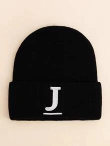 1pc Kids Black Uppercase Letter Embroidered Beanie, Minimalist Solid Color Soft Warm Fashion Accessory Knit Hat, Suitable For Boys & Girls In Autumn & Winter