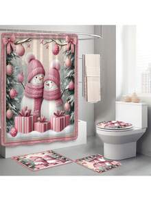 1pc/4pcs Christmas Theme, Pink Snowman Bathroom Set, Christmas Holiday Bathroom Decor, Bring Festive Atmosphere To Your Bathroom, Printed Shower Curtain With 12 Hooks, Bathroom Non-Slip Mat, U-Shaped Floor Mat And Round Toilet Lid Cover, Bathroom Set For All Scenarios