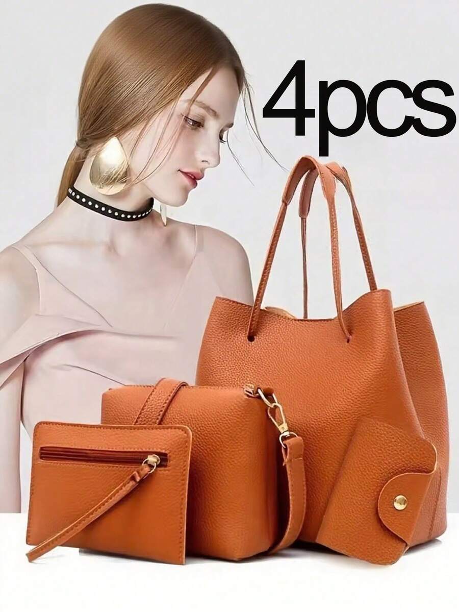 Four-Piece Bucket Bag Set, New Large-Capacity Leather Handbag, Solid Color Lychee Texture Shoulder Bag Bucket Bag Wallet, Shoulder Bag Women's Handbag Crossbody Bag Clutch Wallet Set, Women's Shoulder Bag Casual Wallet Set
