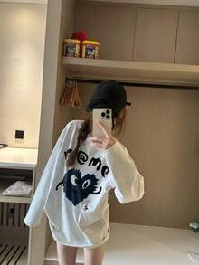 2025 Autumn New Fashion Casual Loose Long T-Shirt For Women, Letter Print Pure Cotton Streetwear Korean Style