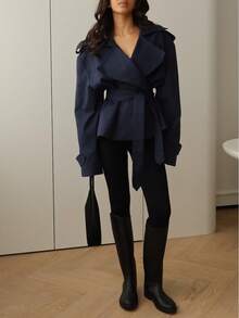 女款海军蓝系带风衣，瀑布领，长袖，采用常规无弹力机织面料 - 寶藍色 - 查看 3
