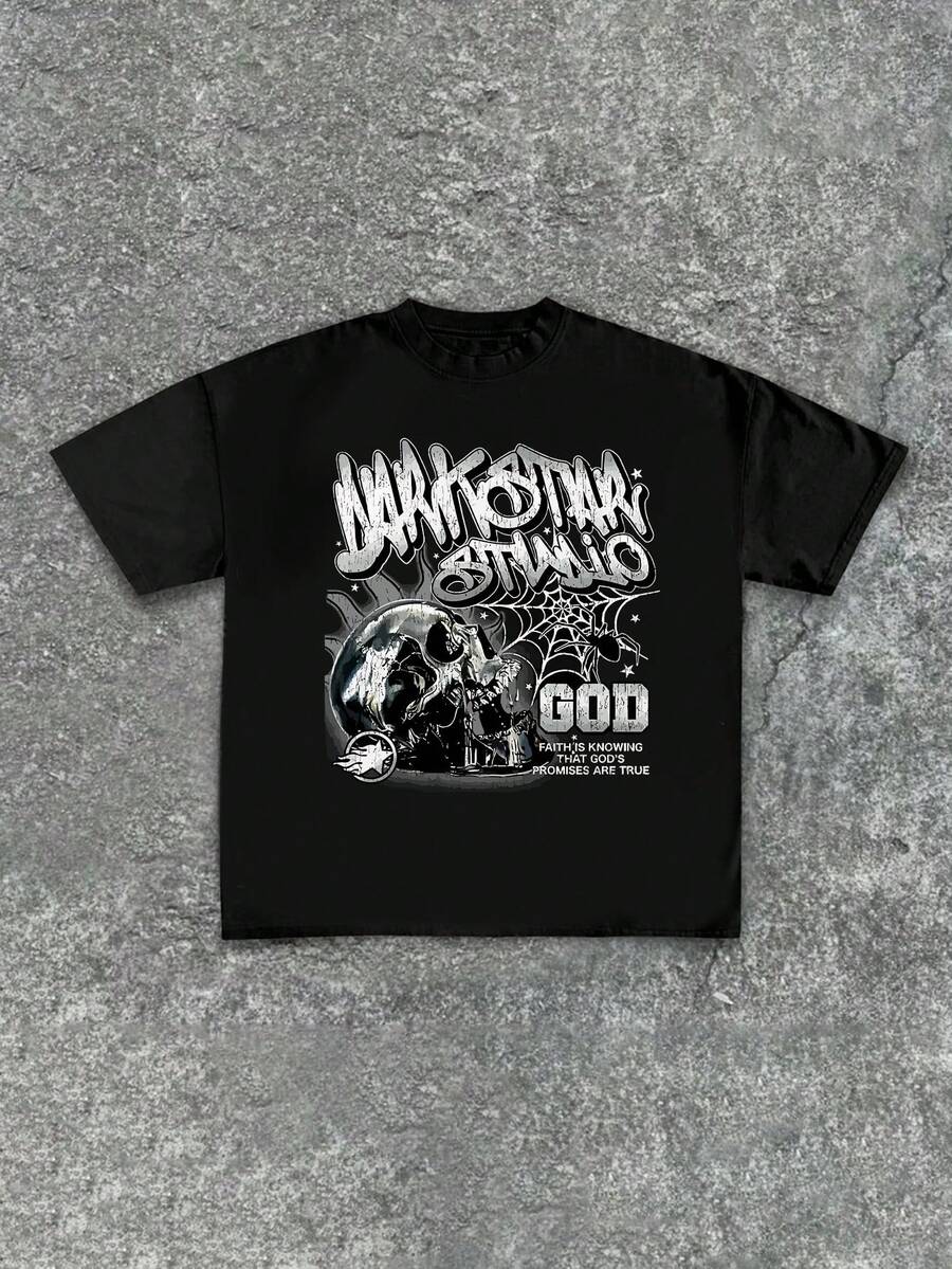 Boys & Teens' Casual Graphic Print Round Neck Short Sleeve T-Shirt, Summer Top - 黑色 - 查看 1