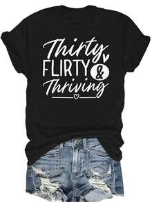 Camiseta de celebración del 30 cumpleaños "Treinta, coqueta y próspera" para mujeres y unisex, de verano, casual, transpirable, de personalidad, cuello redondo, manga corta, ropa de calle, versátil, adecuada para adolescentes y adultos - Negro - Ver 1