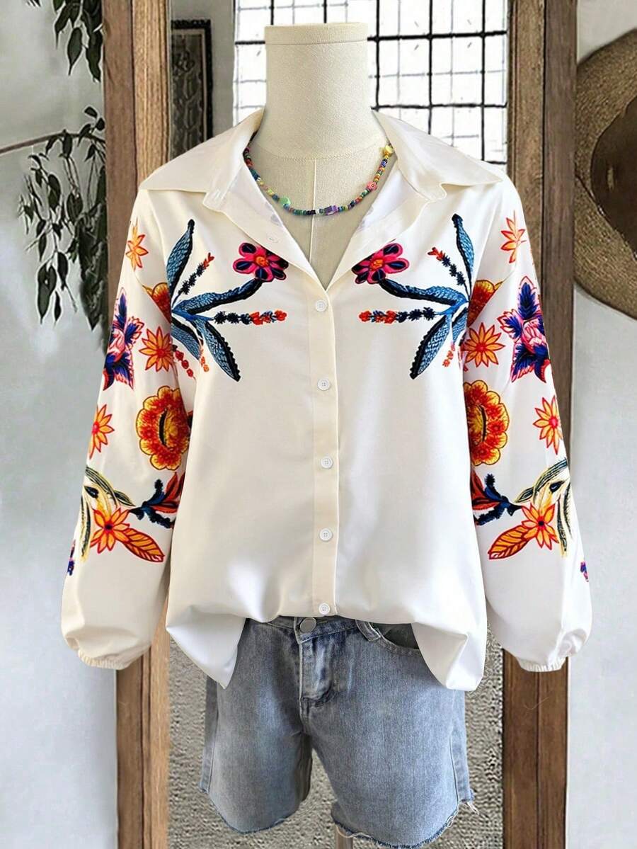 大码女式宽松休闲花卉印花衬衫，适合日常休闲和通勤穿着 - 彩色 - 查看 1