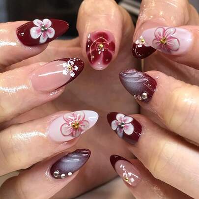 24片杏仁形3D凝胶美甲贴纸，打造莲花美甲，珍珠装饰设计，法式美甲贴纸，杏仁形完美贴合，亚克力假指甲套装，包含：1片果冻凝胶和1个指甲锉，适合夏季和法式美甲，适合女性和女孩日常、假日和派对使用的美甲用品。