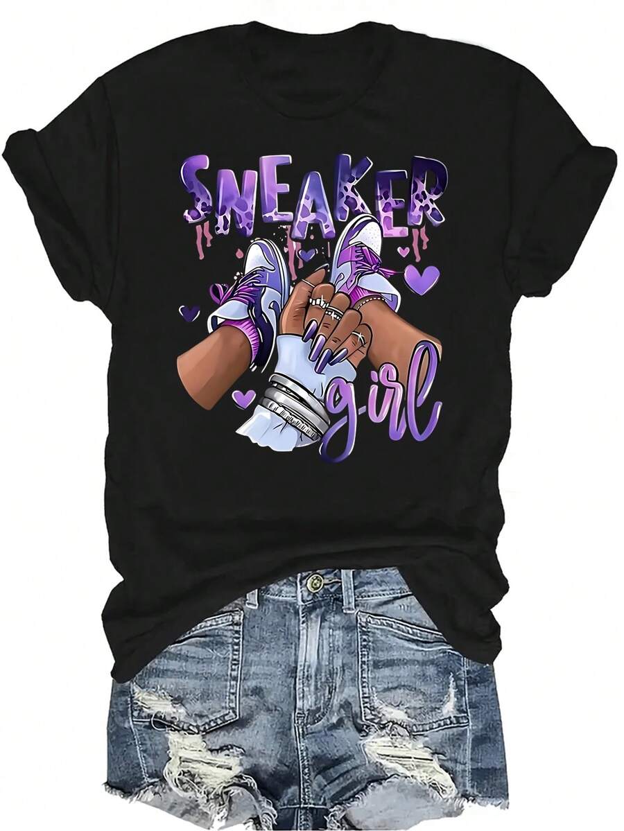 Camiseta de mujer con estampado de zapatillas deportivas, de estilo casual y transpirable, de cuello redondo y manga corta, versátil y adecuada para adolescentes y adultos - Negro - Ver 1