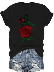 Camiseta con estampado de rosa roja para mujer y unisex, de verano, casual, transpirable, de cuello redondo, de manga corta, de uso versátil, adecuada para adolescentes y adultos - Negro - Ver 1