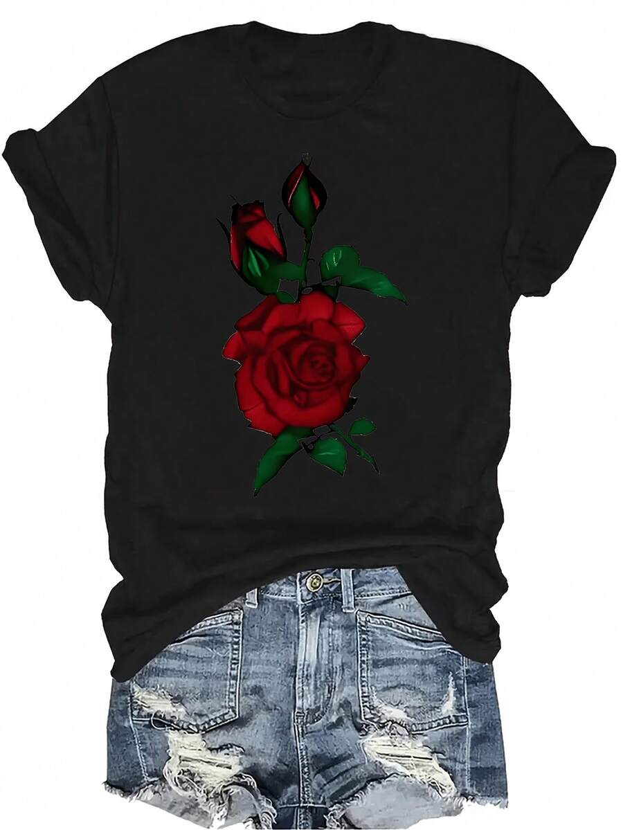 Camiseta con estampado de rosa roja para mujer y unisex, de verano, casual, transpirable, de cuello redondo, de manga corta, de uso versátil, adecuada para adolescentes y adultos - Negro - Ver 1
