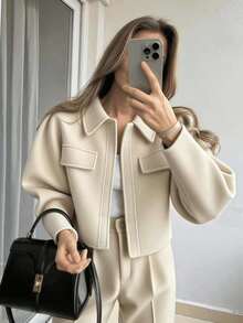 Women's Casual Solid Color Long Sleeve Short Regular Jacket, Suitable For Autumn, Winter, And Spring - Apricot - View 1