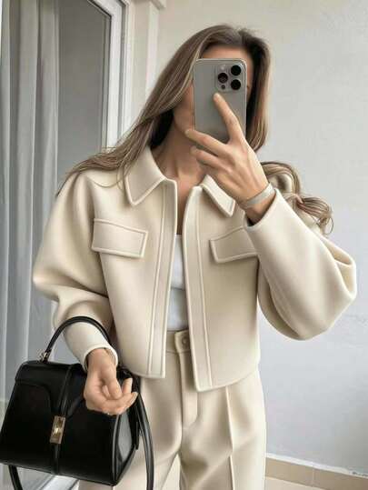 Women's Casual Solid Color Long Sleeve Short Regular Jacket, Suitable For Autumn, Winter, And Spring