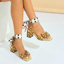 女士高跟凉鞋,适合派对、户外、高跟、女士凉鞋、旅行、时尚度假、粗跟方头、波尔卡圆点围巾领带、3D 圆点蝴蝶结装饰、纯色纹理材质、优雅的金色高跟凉鞋 - 金色 - 查看 16