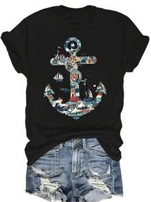 Camiseta con estampado de ancla náutica para mujer y unisex, de verano, casual, transpirable y de personalidad, con cuello redondo y manga corta, para uso versátil, adecuada para adolescentes y adultos - Negro - Ver 1