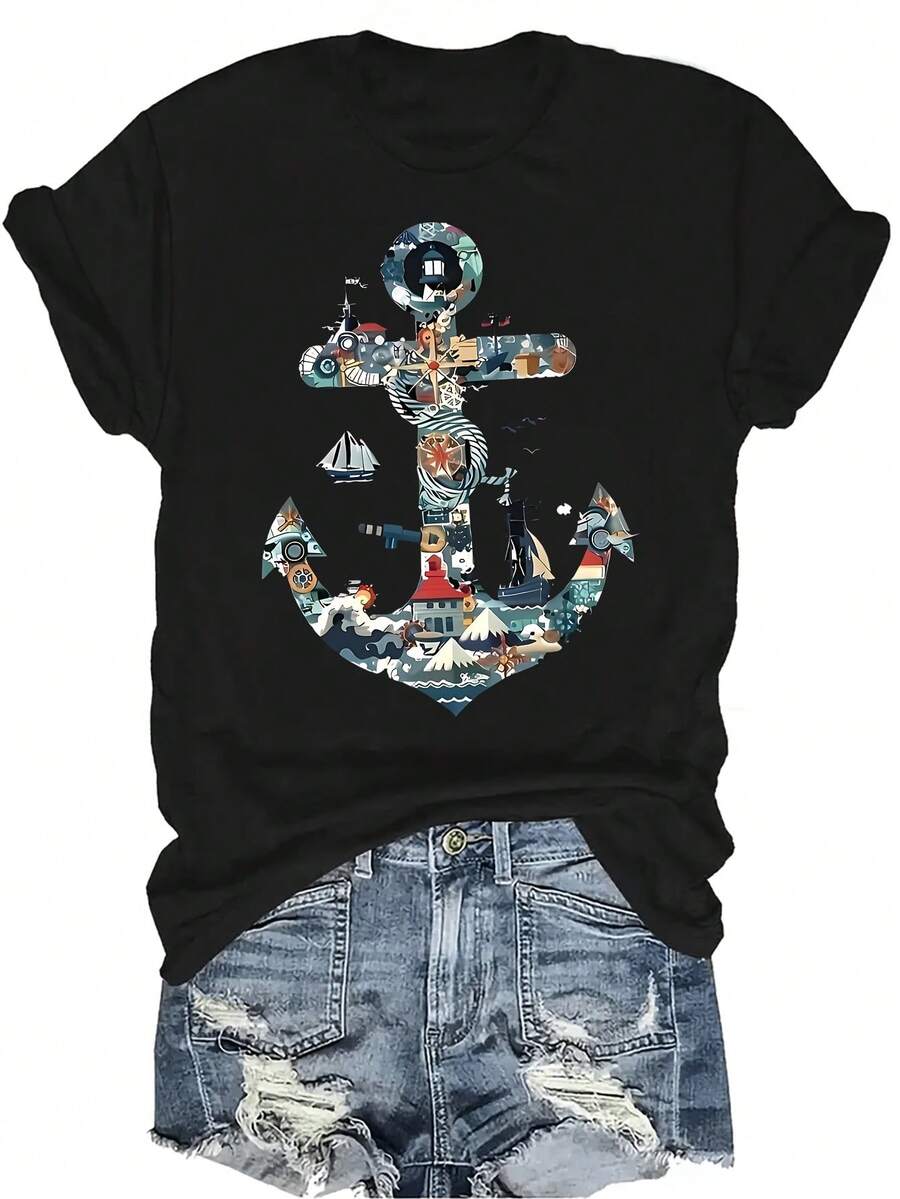 Camiseta con estampado de ancla náutica para mujer y unisex, de verano, casual, transpirable y de personalidad, con cuello redondo y manga corta, para uso versátil, adecuada para adolescentes y adultos - Negro - Ver 1