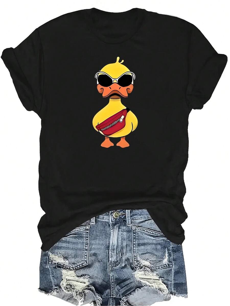 Camiseta de pato Tr-Endy para mujer y unisex, de verano, casual, transpirable, con personalidad, cuello redondo, manga corta, ropa de calle, versátil, adecuada para adolescentes y adultos - Negro - Ver 1
