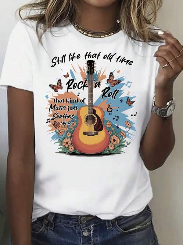 Women's White 180g Cotton Graphic T-Shirt - Still Like That Old Time Rock 'n Roll Print, Butterfly & Guitar Design, Round Neck Short Sleeve Casual Top