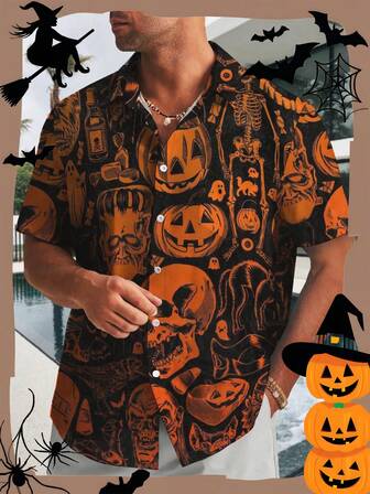 Herrskjorta med Halloween-motiv, casual, utomhusmönster, dödskalle, pumpa och spöke, digitaltryck, pikékrage, bröstficka, semestermode, casual, kortärmad, plusstorlek, Halloween