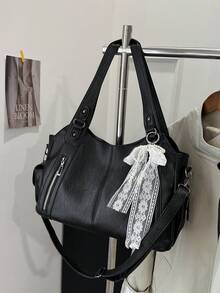 Lightweight Business Casual Portable Rivet Detail Shoulder Tote Bag, Suitable For White-Collar, Teachers, Young Female College Students, Teacher's Day, Work, Business, Commuting, University And Other Occasions. Also Suitable For Young Female College Students, Career Starters And White-Collar Workers. Very Suitable For Office, Work And Business Occasions. - Black - View 10