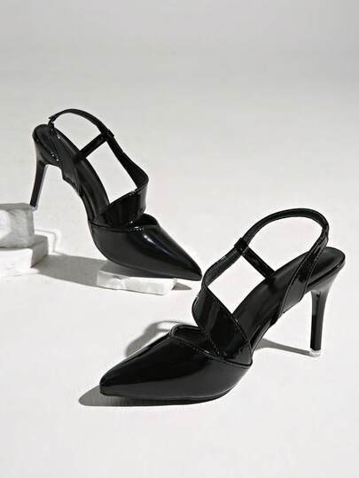 Women's Sexy Elegant Pointed Toe Black Leather High Heel Sandals, Suitable For Commuting And Parties