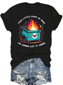 Camiseta divertida "Esta pequeña luz mía" Camiseta de fuego de contenedor de basura pequeño para mujer y unisex, de verano, casual, transpirable, con personalidad, de cuello redondo, de manga corta, ropa de calle, versátil, adecuada para adolescentes y adultos - Negro - Ver 1