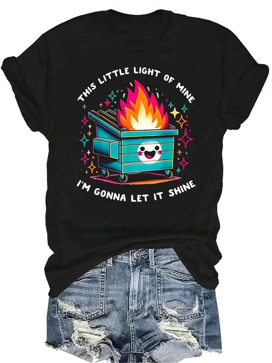 Camiseta divertida "Esta pequeña luz mía" Camiseta de fuego de contenedor de basura pequeño para mujer y unisex, de verano, casual, transpirable, con personalidad, de cuello redondo, de manga corta, ropa de calle, versátil, adecuada para adolescentes y adultos - Negro - Ver 1