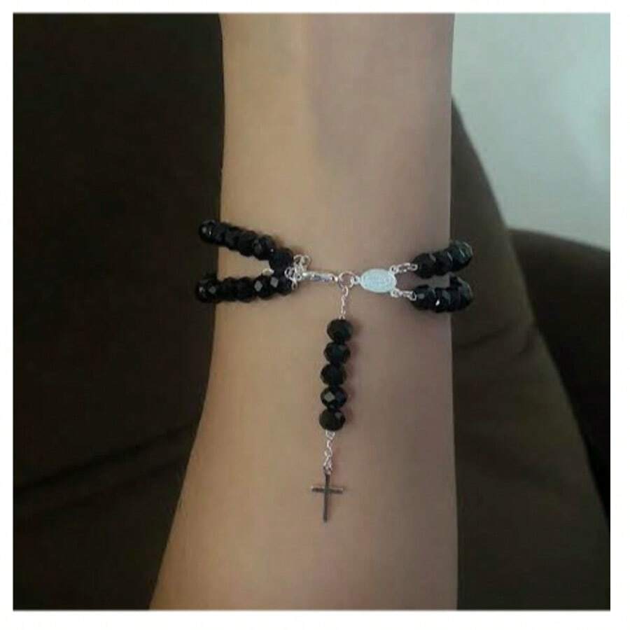 Double Plated Rosary Bracelet - Black/Silver - View 1