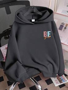 少女字母图案印花保暖卫衣 - 深灰色 - 查看 2