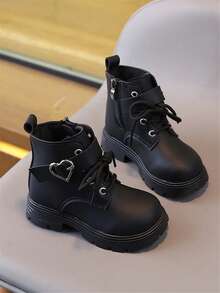 新款圆头儿童靴，休闲复古平底女童踝靴，防滑耐磨大童鞋，女童学生朋克靴 - 黑色 - 查看 4