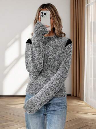 Lady's Autumn/Winter Casual Color-Contrast Patchwork V-Neck Sweater With Ribbing - Daily Wear For Women